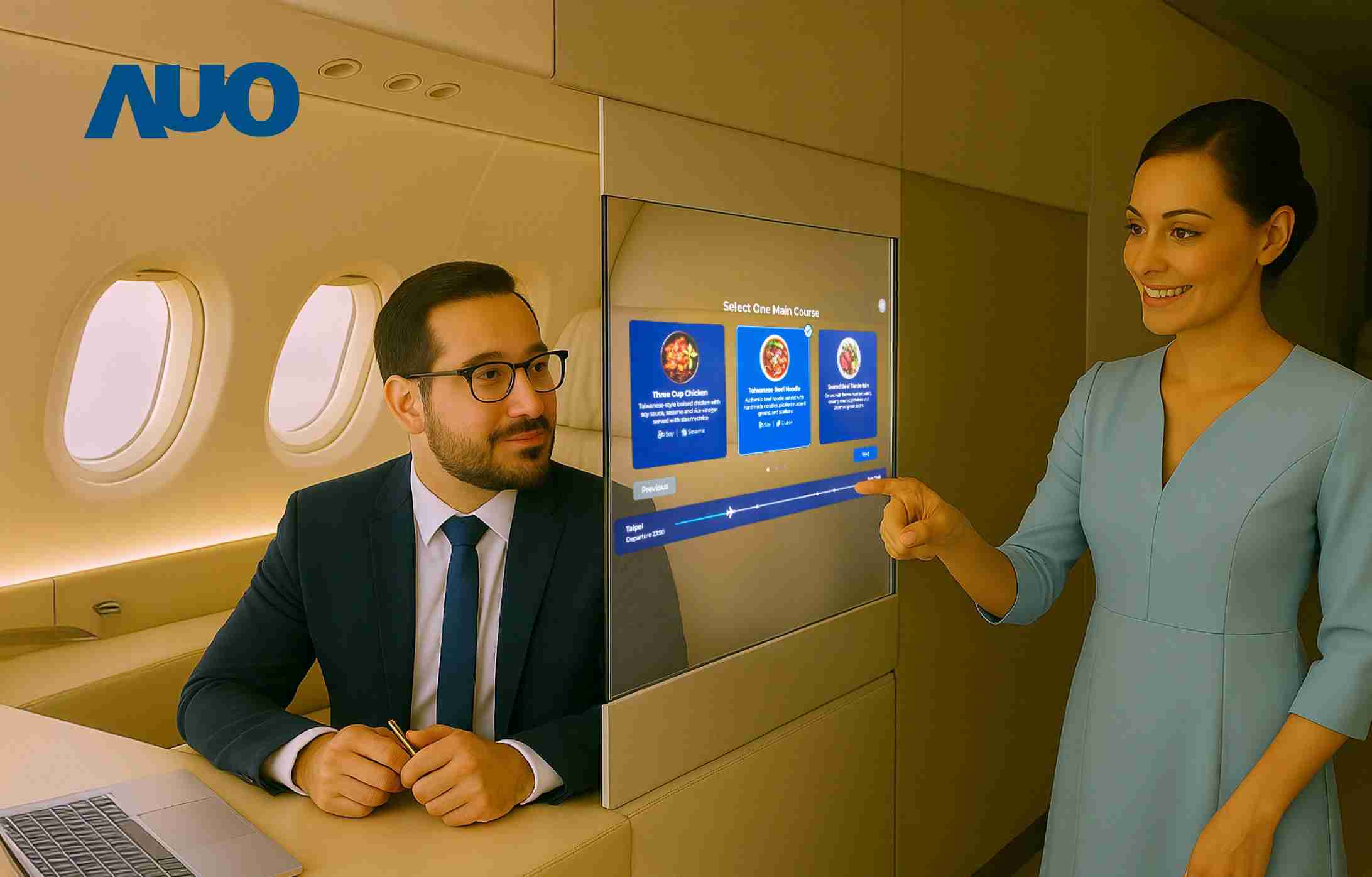 彩神vll研发全球最薄17.3 吋双面透明 Micro LED 显示器，，，可在同一屏幕之双边投射不同信息，，，，创造独特的”透明化”互动；图为实时翻译交流应用情境